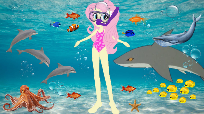 Size: 1919x1079 | Tagged: safe, artist:justinproffesional, artist:theemperorofhonor, derpibooru import, fluttershy, dolphin, fish, human, octopus, shark, starfish, equestria girls, g4, barefoot, bubble, dive mask, feet, female, goggles, image, ocean, png, reef, snorkel, snorkeling, solo, solo female, underwater, water, watershy