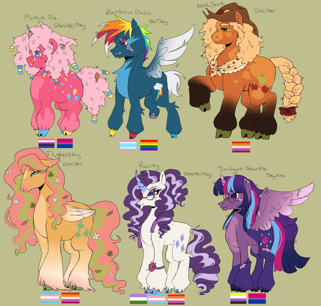 Size: 3919x3747 | Tagged: safe, artist:zowwyroo, derpibooru import, applejack, fluttershy, pinkie pie, rainbow dash, rarity, twilight sparkle, alicorn, pegasus, pony, unicorn, g4, alternate design, bandana, bisexual pride flag, braid, coat markings, colored wings, colored wingtips, cowboy hat, female, females only, flower, flower in hair, folded wings, gay pride flag, genderfluid pride flag, genderqueer pride flag, hat, headcanon, horn, image, lesbian pride flag, mane six, mare, nonbinary, nonbinary pride flag, png, pride, pride flag, pronouns, redesign, socks (coat marking), spread wings, transbian pride flag, transgender, transgender pride flag, transmasculine, transmasculine pride flag, twitterina design, wings