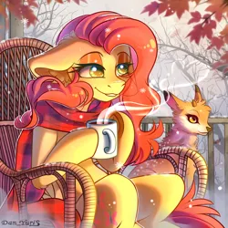 Size: 2024x2024 | Tagged: safe, alternate version, artist:yuris, derpibooru import, fluttershy, deer, pegasus, pony, autumn, clothes, cup, female, fence, floppy ears, fog, image, leaves, png, rocking chair, scarf, sitting, smiling, snow, solo, steam, tree, veranda