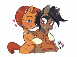 Size: 1080x800 | Tagged: safe, artist:sugarpersonlove, derpibooru import, stellar flare, oc, earth pony, pony, g4, awkward, blushing, canon x oc, clothes, colored eyebrows, colored hooves, duo, duo male and female, female, filter, heart, hoodie, hooves, hug, image, jewelry, jpeg, love, male, mare, necklace, simple background, stallion, straight, white background