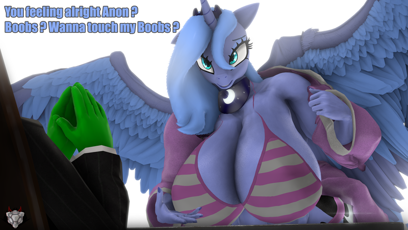 Size: 3840x2160 | Tagged: suggestive, artist:naughty cube, derpibooru import, princess luna, oc, oc:anon, alicorn, anthro, 3d, big breasts, bikini, boobs? wanna touch boobs?, breasts, busty princess luna, clothes, cute, huge breasts, image, large butt, meme, png, s1 luna, source filmmaker, suit, swimsuit