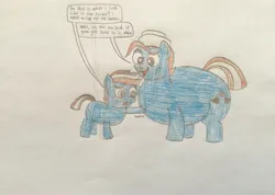 Size: 3108x2211 | Tagged: safe, artist:hritz123, derpibooru import, oc, oc:fudge cookie, earth pony, pony, age difference, belly, big belly, colt, fat, foal, hat, huge belly, image, jpeg, male, older, paper hat, poking, self paradox, self ponidox, squish, stallion, weight gain, worried, younger