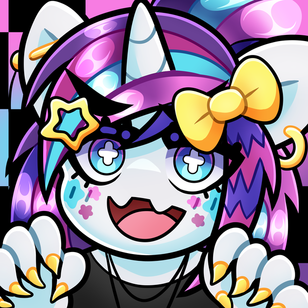 Size: 4000x4000 | Tagged: safe, artist:partypievt, derpibooru import, oc, oc:party pie, unofficial characters only, anthro, unicorn, bow, chibi, claws, clothes, ear piercing, earring, eye clipping through hair, eyebrows, eyebrows visible through hair, facial markings, fangs, fingernails, fringe, hair bow, hair over one eye, hairclip, horn, icon, image, jewelry, looking at you, necklace, piercing, png, ponytail, scene, shirt, smiling, smiling at you, solo, t-shirt, wingding eyes