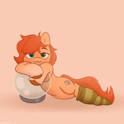 Size: 2480x2480 | Tagged: safe, artist:starburstuwu, derpibooru import, oc, oc:rusty gears, unofficial characters only, earth pony, pony, blushing, clothes, female, high res, image, jpeg, lidded eyes, looking at you, lying down, mare, orange background, side, simple background, smiling, smiling at you, socks, solo, space helmet, striped socks, unshorn fetlocks