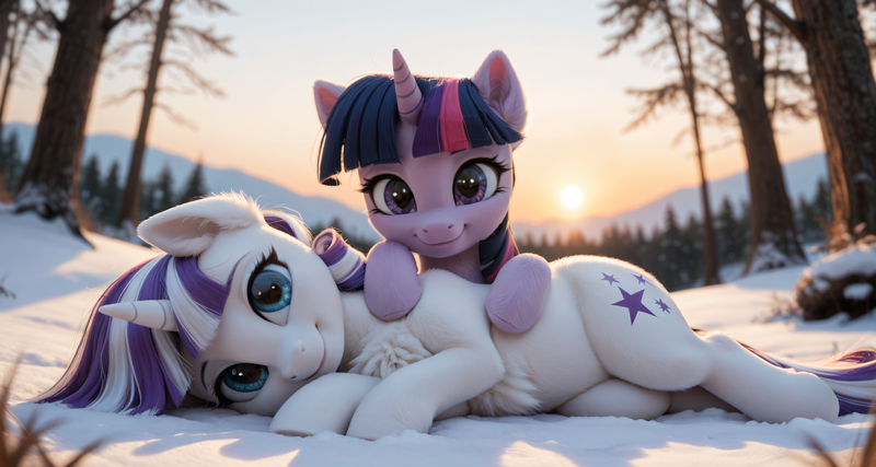 Size: 3360x1792 | Tagged: safe, ai content, anonymous prompter, derpibooru import, machine learning generated, twilight sparkle, twilight velvet, pony, unicorn, g4, chest fluff, cute, duo, ear fluff, female, fluffy, forest, horn, image, looking at you, lying down, mare, mother and child, mother and daughter, mountain, mountain range, nature, outdoors, png, prompt in comments, realistic, side, smiling, snow, sun, tree, unshorn fetlocks, wholesome