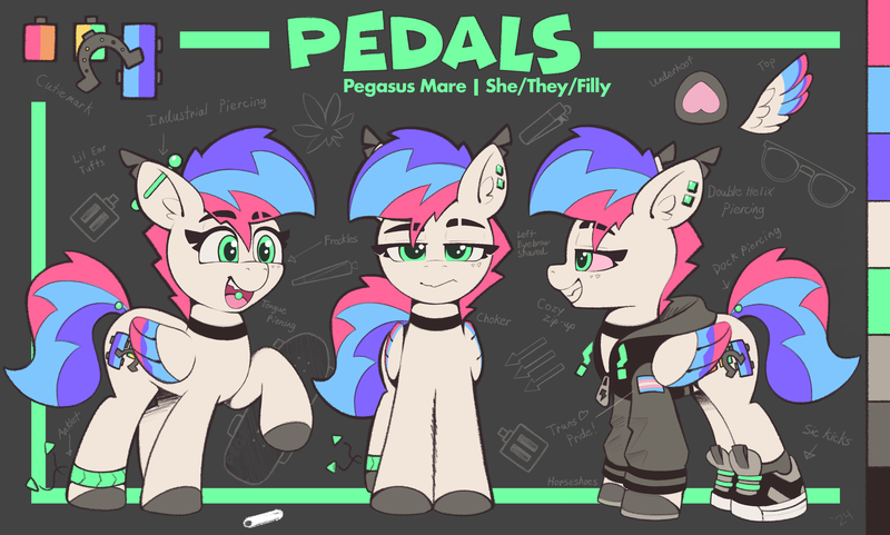 Size: 3404x2048 | Tagged: safe, artist:pedalspony, derpibooru import, oc, oc:pedals, unofficial characters only, pegasus, pony, anklet, bloodshot eyes, border, chalk, choker, clothes, color palette, colored hooves, colored wings, cutie mark, dock, dock piercing, double helix piercing, drugs, ear piercing, ear tufts, excited, eyebrow slit, eyebrows, eyebrows visible through hair, feather, female, folded wings, freckles, glasses, grin, helix piercing, hoodie, hoof heart, hooves, image, industrial piercing, jewelry, joint, looking at you, male to female, mare, marijuana, marijuana leaf, mixed pronouns, multicolored wings, neopronouns, not impressed, not zipp storm, open mouth, open smile, outfit, passepartout, piercing, png, pride, pride flag, pronouns, raised hoof, reference sheet, shoes, skateboard, smiling, sneakers, solo, solo transgender, sunglasses, tail, tail piercing, teeth, three toned mane, tongue piercing, trans female, transgender, transgender pride flag, underhoof, wings