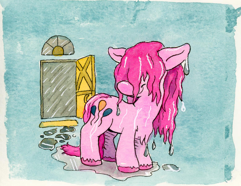 Size: 798x615 | Tagged: safe, artist:lost marbles, derpibooru import, pinkie pie, earth pony, pony, g4, image, png, puddle, rain, traditional art, wet, wet mane