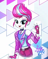 Size: 1080x1335 | Tagged: safe, artist:yessak00, derpibooru import, zipp storm, human, equestria girls, g4, g5, abstract background, bare shoulders, belly, belly button, choker, clothes, collarbone, cutie mark accessory, ear piercing, earring, equestria girls-ified, g5 to equestria girls, g5 to g4, generation leap, gloves, humanized, image, jacket, jewelry, jpeg, lightly watermarked, midriff, piercing, slender, solo, thin, watermark, zipp is skinny