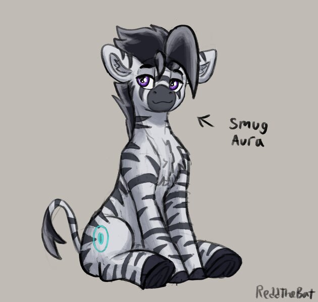 Size: 1390x1323 | Tagged: safe, artist:reddthebat, derpibooru import, oc, oc:zerø, unofficial characters only, zebra, chest fluff, gray background, image, jpeg, lidded eyes, male, quadrupedal, signature, simple background, sitting, smiling, solo, zebra oc