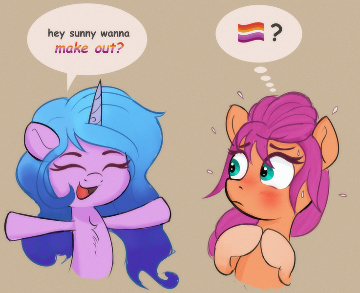 Size: 3372x2744 | Tagged: safe, artist:psfmer, derpibooru import, izzy moonbow, sunny starscout, earth pony, pony, unicorn, g5, coat markings, dialogue, duo, duo female, english, female, gradient mane, horn, image, lesbian, lesbian pride flag, long mane, mare, png, pride, pride flag, ship:moonscout, shipping, socks (coat marking), talking, thought bubble, transbian pride flag