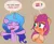 Size: 3372x2744 | Tagged: safe, artist:psfmer, derpibooru import, izzy moonbow, sunny starscout, earth pony, pony, unicorn, g5, blushing, brown background, chest fluff, coat markings, cute, dialogue, duo, duo female, embarrassed, english, eyes closed, female, flustered, frown, gradient mane, horn, image, lesbian, lesbian pride flag, long mane, mare, nervous, nervous sweat, open smile, png, pride, pride flag, question, sexual orentation, ship:moonscout, shipping, simple background, socks (coat marking), speech bubble, talking, thought bubble, transbian pride flag