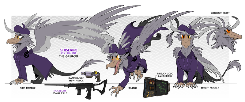 Size: 6000x2500 | Tagged: safe, artist:hallowraith, derpibooru import, oc, oc:ghislaine, gryphon, fallout equestria, fallout equestria oc, fallout equestria: sireland, gray feathers, griffon oc, gun, image, pipbuck, png, purple coat, reference sheet, rifle, shoebill stork, weapon