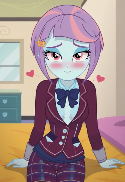 Size: 832x1216 | Tagged: safe, ai content, derpibooru import, machine learning generated, prompter:nwth, sunny flare, human, equestria girls, g4, bedroom, blushing, breasts, clothes, crystal prep academy uniform, image, indoors, jpeg, looking at you, school uniform, sitting, solo