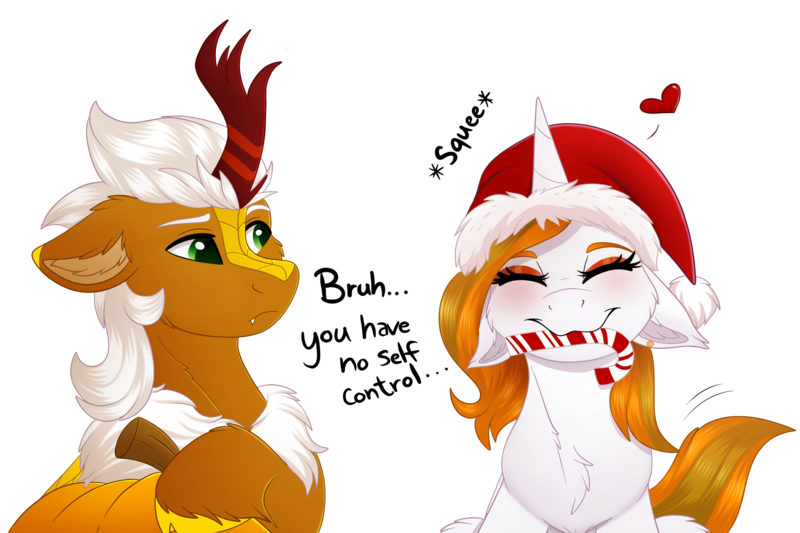 Size: 3000x2000 | Tagged: safe, artist:decemberbreeze, derpibooru import, oc, oc:aurora shinespark, oc:verdant pyre, unofficial characters only, kirin, pony, unicorn, :3, candy, candy cane, chest fluff, christmas, dialogue, duo, ear fluff, ear piercing, earring, eyeshadow, female, floppy ears, food, happy, hat, heart, holiday, horn, image, jewelry, kirin oc, makeup, male, mare, no source available, piercing, png, pumpkin, santa hat, silly, simple background, squee, stallion, sternocleidomastoid, transparent background, unicorn oc