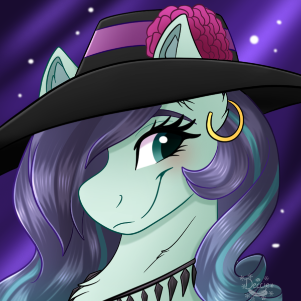 Size: 800x800 | Tagged: safe, artist:decemberbreeze, derpibooru import, coloratura, earth pony, pony, g4, alternate design, chest fluff, ear fluff, ear piercing, earring, female, hat, image, jewelry, mare, no source available, piercing, png, signature, simple background, smiling, solo