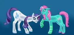 Size: 1770x848 | Tagged: safe, artist:azira faerinx, derpibooru import, minty, rarity, earth pony, pony, unicorn, g3, g4, bent over, blue background, blue eyes, canon, clothes, cute, digital art, duo, duo female, excited, exploitable meme, fanart, female, friendship, generational ponidox, horn, image, lifting leg, meme, pink mane, png, purple mane, same voice actor, simple background, smiling, socks, standing, wholesome