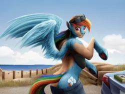 Size: 2000x1500 | Tagged: safe, artist:geoffrey mcdermott, derpibooru import, rainbow dash, human, pegasus, pony, beach, human to pony, image, looking back, png, solo, spread wings, sunglasses, sunglasses on head, transformation, wings