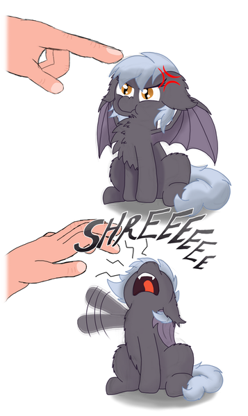 Size: 750x1259 | Tagged: safe, artist:zeccy, derpibooru import, oc, oc:reeree, bat pony, pony, 2 panel comic, :d, angry, bat pony oc, bat wings, chest fluff, comic, cross-popping veins, cute, eeee, emanata, fangs, female, floppy ears, hand, image, madorable, mare, membranous wings, open mouth, open smile, png, poking, scrunchy face, simple background, sitting, skree, smiling, smol, spread wings, waving, white background, wings, yelling