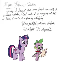 Size: 733x761 | Tagged: safe, artist:kturtle, derpibooru import, spike, twilight sparkle, dragon, pony, unicorn, female, friendship report, handwriting, image, mare, png, scroll, simple background, unicorn twilight, vulgar, white background