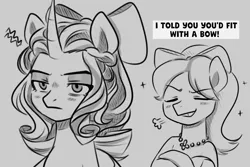 Size: 1620x1080 | Tagged: safe, artist:makaryo, derpibooru import, posey (g5), earth pony, pony, g5, alternate hairstyle, bow, bust, crossed hooves, duo, duo female, female, frown, gray background, grayscale, grin, hair bow, image, mare, monochrome, opaline arcana, opaline arcana is not amused, png, simple background, smiling, unamused