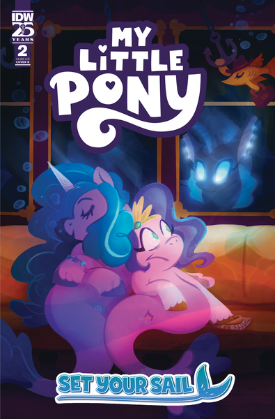 Size: 2063x3131 | Tagged: safe, artist:justasuta, derpibooru import, idw, official, izzy moonbow, pipp petals, pony, seapony (g4), g5, spoiler:comic, spoiler:g5comic, blue mane, bubble, comic, comic cover, cover, cover art, dorsal fin, duo focus, eyes closed, female, fin, fin wings, fins, fish tail, flowing mane, flowing tail, horn, image, jewelry, mare, maris the crow, my little pony: set your sail, nap, necklace, ocean, official comic, phone, png, scales, sea pony (g5), seaponified, seapony izzy moonbow, seapony pipp petals, set your sail #2, sitting, sleeping, smiling, species swap, swimming, tail, trenchpony, underwater, unshorn fetlocks, water, wings