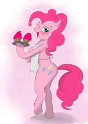 Size: 2481x3507 | Tagged: safe, anonymous artist, derpibooru import, pinkie pie, earth pony, pony, blushing, cherry, cupcake, cutie mark, food, image, looking at you, one eye closed, plate, platter, png, simple background, solo, standing, wink, winking at you