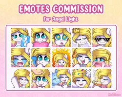 Size: 3000x2386 | Tagged: safe, artist:madelinne, derpibooru import, oc, oc:angel light, unofficial characters only, celebration, commission, crown, crying, emoji, emote, emotes, food, glasses, heart, hug, image, jewelry, laughing, playing card, png, regalia, solo, tea, thinking, uno, uno reverse card