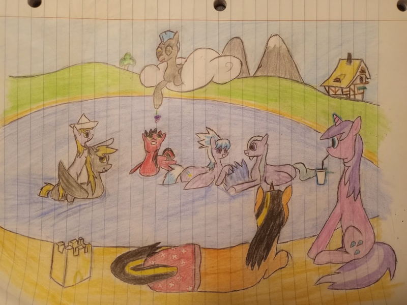 Size: 4608x3456 | Tagged: safe, artist:radiation_pony, derpibooru import, amethyst star, cloudchaser, derpy hooves, dinky hooves, flitter, thunderlane, oc, oc:radium, oc:rubidium, pegasus, unicorn, g4, horn, image, jpeg, swimming