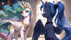 Size: 3840x2160 | Tagged: safe, ai content, derpibooru import, machine learning generated, prompter:bluetoothworld, princess celestia, princess luna, alicorn, pony, g4, cute, day, duo, female, image, indoors, jewelry, jpeg, mare, wallpaper, window