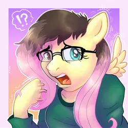 Size: 1995x1995 | Tagged: safe, artist:tf4me, derpibooru import, fluttershy, human, pegasus, pony, bust, clothes, exclamation point, female, glasses, human to pony, image, interrobang, jpeg, open mouth, question mark, solo, surprised, transformation