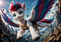 Size: 3072x2112 | Tagged: safe, ai content, derpibooru import, machine learning generated, prompter:kluknawa235, stable diffusion, zipp storm, pegasus, g5, cloud, concave belly, detailed, fluffy, flying, image, jpeg, mountain, rock, sky, spread wings, underhoof, unshorn fetlocks, wings