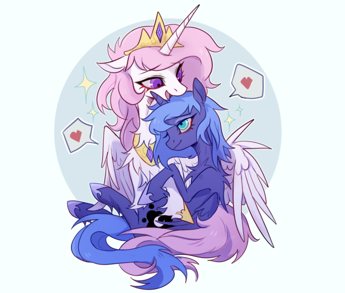 Size: 1832x1558 | Tagged: safe, artist:qswomozi, derpibooru import, princess celestia, princess luna, alicorn, pony, :d, circle background, crown, dishevelled, female, full body, hug, image, jewelry, looking at each other, looking at someone, mare, open mouth, open smile, pinklestia, png, regalia, royal sisters, siblings, sisters, sitting, skinny, smiling, sparkles, speech bubble, spoken heart, spread wings, thin, winghug, wings, younger