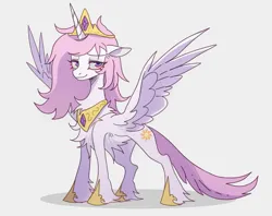 Size: 1355x1074 | Tagged: safe, artist:qswomozi, derpibooru import, princess celestia, alicorn, pony, concave belly, crown, dishevelled, female, full body, image, jewelry, mare, pinklestia, png, regalia, shadow, simple background, smiling, solo, spread wings, standing, thin, white background, wings, younger