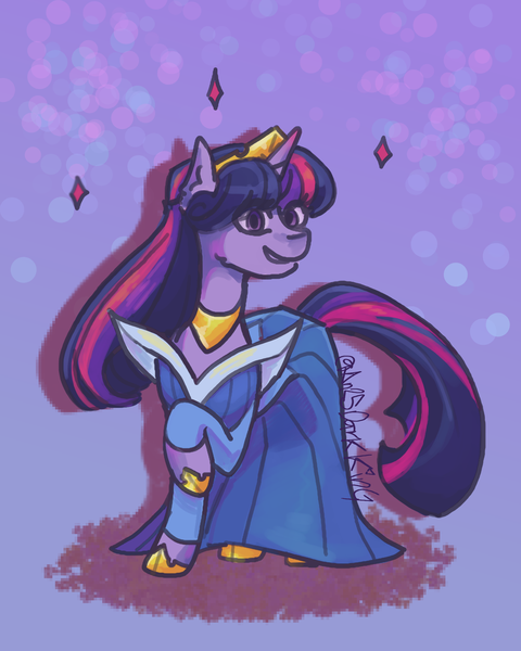 Size: 3200x4000 | Tagged: safe, artist:an25darkking, derpibooru import, twilight sparkle, pony, unicorn, g4, clothes, crown, disney, dress, female, gradient background, grin, high res, hoof shoes, image, jewelry, mare, png, princess aurora, princess shoes, raised hoof, regalia, signature, sleeping beauty, smiling, solo, sparkles, unicorn twilight