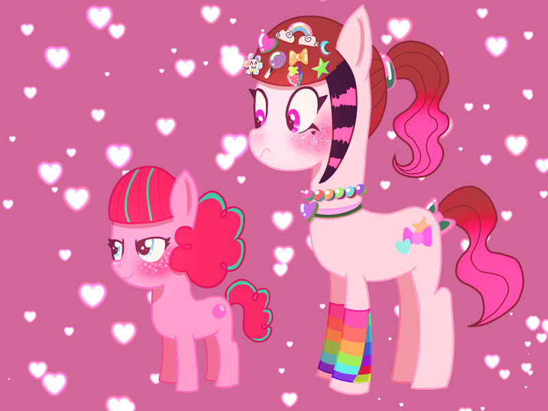 Size: 2048x1536 | Tagged: safe, artist:lnx1ynight16, derpibooru import, oc, oc:bubblegum, oc:confetti kei, earth pony, pony, >:), clothes, curly mane, eyeliner, fairy kei, female, filly, foal, freckles, hair accessory, image, jewelry, looking at something, makeup, mare, necklace, png, shocked, siblings, sisters, socks, stockings, thigh highs