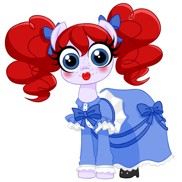 Size: 4000x4000 | Tagged: safe, artist:wtfponytime, derpibooru import, ponified, pony, blushing, bow, clothes, crossover, dress, female, filly, foal, freckles, frilly dress, gown, hair bow, high heels, image, lipstick, looking at you, pigtails, png, poppy (poppy playtime), poppy playtime, red mane, shoes, simple background, solo, staring into your soul, white background