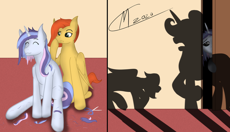 Size: 4684x2687 | Tagged: safe, artist:maître cervidé, derpibooru import, oc, oc:flame fever, oc:snow petale, pegasus, unicorn, advertisement in description, disputing, hair, haircut, horn, image, png, scissors, shadow, signature