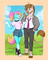 Size: 1650x2048 | Tagged: safe, artist:birdoffnorth, derpibooru import, oc, oc:classy straps, oc:country curves, unofficial characters only, anthro, earth pony, zebra, zebracorn, anthro oc, clothes, converse, earth pony oc, height difference, image, jpeg, looking at each other, looking at someone, necktie, oc x oc, shipping, shoes, suit, talking, walking