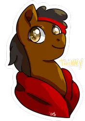 Size: 874x1240 | Tagged: safe, derpibooru import, oc, unofficial characters only, earth pony, pony, badge, brown, bust, clothes, golden eyes, hoodie, image, looking at you, looking away, male, male oc, outline, png, request, requested art, requests, signature, simple background, smiling, smiling at you, solo, stallion, text, transparent background, white outline