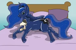 Size: 1280x846 | Tagged: safe, artist:fox0808, derpibooru import, princess luna, oc, alicorn, gryphon, pony, absorption, bed, bondage, encasement, griffon oc, image, latex, living clothes, living latex, living suit, lying down, plushie, png, prone, sleeping