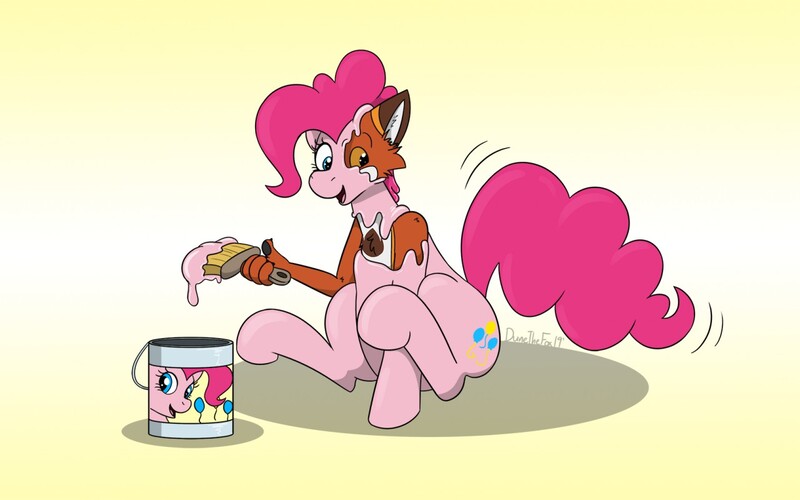 Size: 1280x800 | Tagged: safe, artist:fox0808, derpibooru import, part of a set, pinkie pie, earth pony, pony, furry, furry to pony, gradient background, image, jpeg, open mouth, paint, paint bucket, paint tf, paintbrush, sitting, smiling, solo, transformation