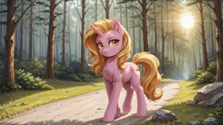 Size: 3840x2160 | Tagged: safe, ai content, derpibooru import, machine learning generated, prompter:bluetoothworld, luster dawn, pony, unicorn, g4, bush, cute, day, female, forest, horn, image, jpeg, mare, nature, pathway, rock, solo, sun, tree