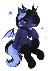 Size: 2874x4250 | Tagged: suggestive, artist:empress-twilight, derpibooru import, oc, oc:blizzard shard, unofficial characters only, bat pony, incubus, pony, :p, black sclera, clothes, collar, constellation freckles, crescent moon, dark coat, freckles, horns, image, moon, panties, png, short mane, simple background, socks, solo, spiked collar, star freckles, tail, tongue out, transparent background, two toned mane, two toned tail, underwear