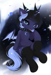 Size: 2597x3840 | Tagged: suggestive, artist:empress-twilight, derpibooru import, edit, oc, oc:blizzard shard, unofficial characters only, bat pony, incubus, pony, :p, abstract background, black sclera, clothes, collar, constellation freckles, crescent moon, dark coat, freckles, horns, image, moon, panties, png, short mane, socks, solo, spiked collar, star freckles, tail, tongue out, two toned mane, two toned tail, underwear