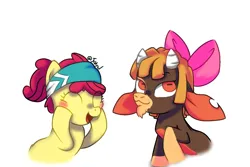 Size: 1230x822 | Tagged: safe, artist:jhonnyul, derpibooru import, apple bloom, earth pony, goat, pony, them's fightin' herds, g4, accessory swap, alternate hairstyle, apple bloom's bow, blushing, bow, community related, crossover, duo, eyes closed, facial hair, female, goatee, hair bow, hooves on cheeks, image, looking back, looking up, one leg raised, open mouth, open smile, png, ponytail, shanty (tfh), simple background, smiling, white background