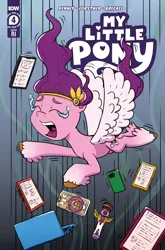 Size: 2063x3131 | Tagged: safe, artist:pony-berserker, derpibooru import, idw, official, pipp petals, pegasus, pony, g5, spoiler:comic, spoiler:g5comic, spoiler:g5comic04, comic cover, computer, cover, cover art, crying, falling, female, high res, image, laptop computer, mare, microphone, mobile phone, my little pony logo, official comic, phone, png, text