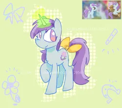 Size: 1709x1505 | Tagged: safe, artist:xinjinjumin652118129541, derpibooru import, liza doolots, petunia, tootsie flute, pony, unicorn, g4, bow, female, filly, foal, glow, glowing horn, green background, horn, image, multiple cutie marks, png, raised hoof, reference used, simple background, smiling, solo, tail, tail bow, text