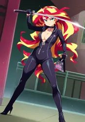 Size: 896x1280 | Tagged: safe, ai content, derpibooru import, machine learning generated, novelai, stable diffusion, sunset shimmer, human, equestria girls, g4, absolute cleavage, boots, breasts, catsuit, cleavage, clothes, female, high heel boots, high heels, horn, horned humanization, humanized, image, katana, martial arts, png, shoes, solo, sword, weapon