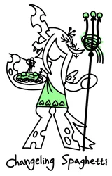 Size: 3355x5245 | Tagged: safe, artist:ja0822ck, derpibooru import, queen chrysalis, changeling, changeling queen, g4, clothes, eating, eyes closed, fangs, female, food, fork, happy, image, little caesars, logo parody, pasta, pizza pizza, plate, png, simple background, small wings, solo, spaghetti, standing on two hooves, toga, trident, white background, wings