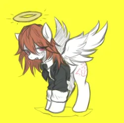 Size: 4004x3991 | Tagged: safe, artist:maretheory.exe, derpibooru import, ponified, pegasus, pony, angel (chainsaw man), anime, chainsaw man, clothes, expressionless face, futa, halo, herm, image, intersex, png, simple background, yellow background